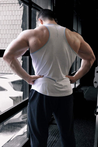 Fast-Dry Bodybuilding Workout Stringer - White with Blue