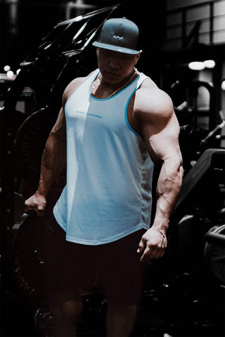 Fast-Dry Bodybuilding Workout Stringer - White with Blue