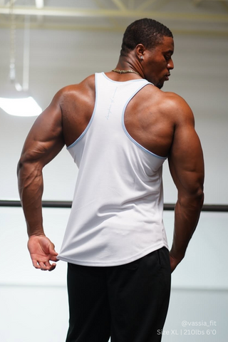 Fast-Dry Bodybuilding Workout Stringer - White with Blue