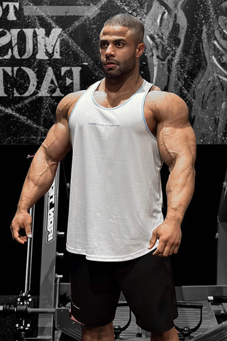 Fast-Dry Bodybuilding Workout Stringer - White with Blue