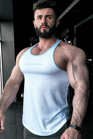 Fast-Dry Bodybuilding Workout Stringer - White with Blue