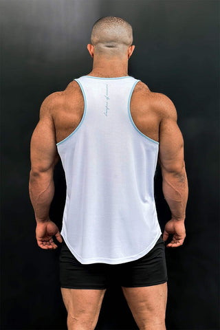 Fast-Dry Bodybuilding Workout Stringer - White with Blue