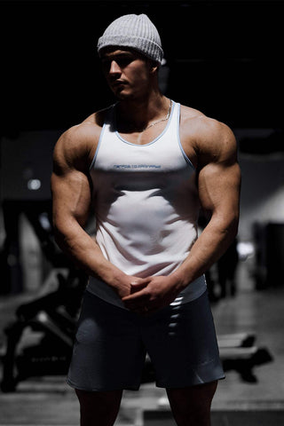 Fast-Dry Bodybuilding Workout Stringer - White with Blue