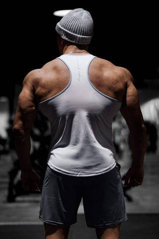 Fast-Dry Bodybuilding Workout Stringer - White with Blue
