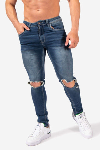 Men's Knee Ripped Skinny Jeans - Blue (6616740462659)